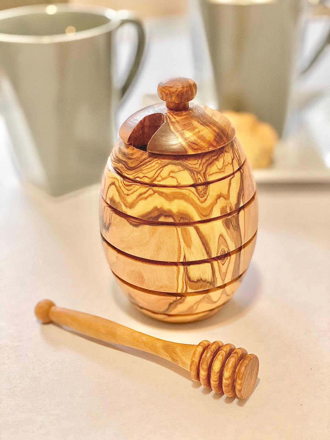 Handcrafted Olive Wood Honey Jar with Dipper, 4.7"
