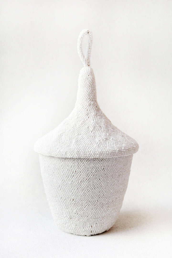 Handcrafted Beaded Sisal Peace Basket, White 6" H