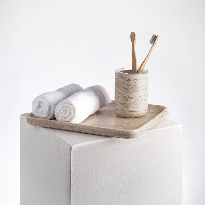 Handcrafted Travertine &amp; Glass Toothbrush Holder