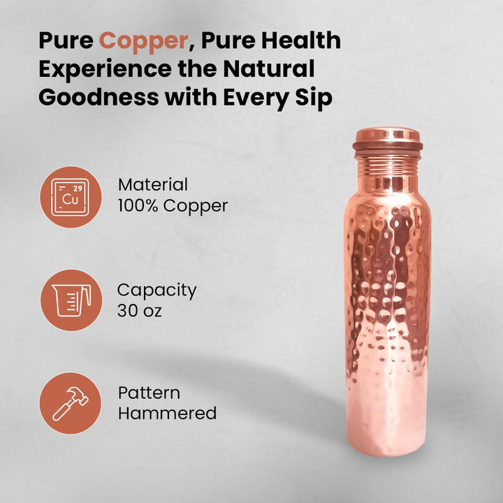 Handcrafted Pure Copper Water Bottle, 30 oz.
