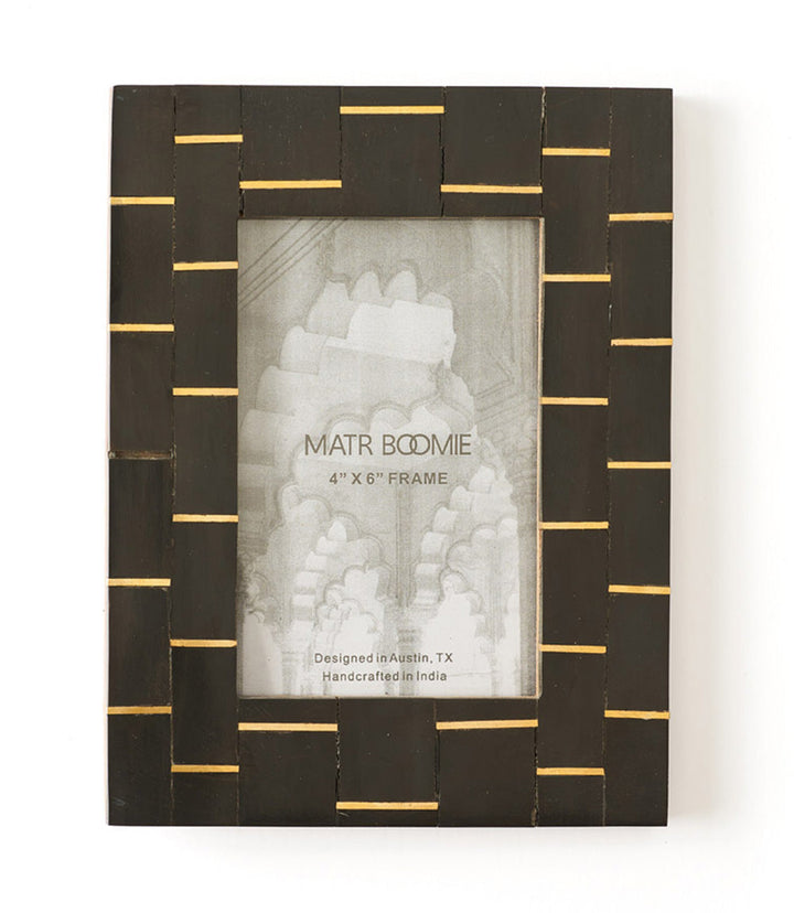 Hand-Carved Horn &amp; Brass Art Deco 4x6" Frame, Black