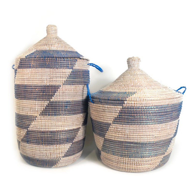 Handwoven Millet Grass Storage Basket, Blue Stripe, 28"