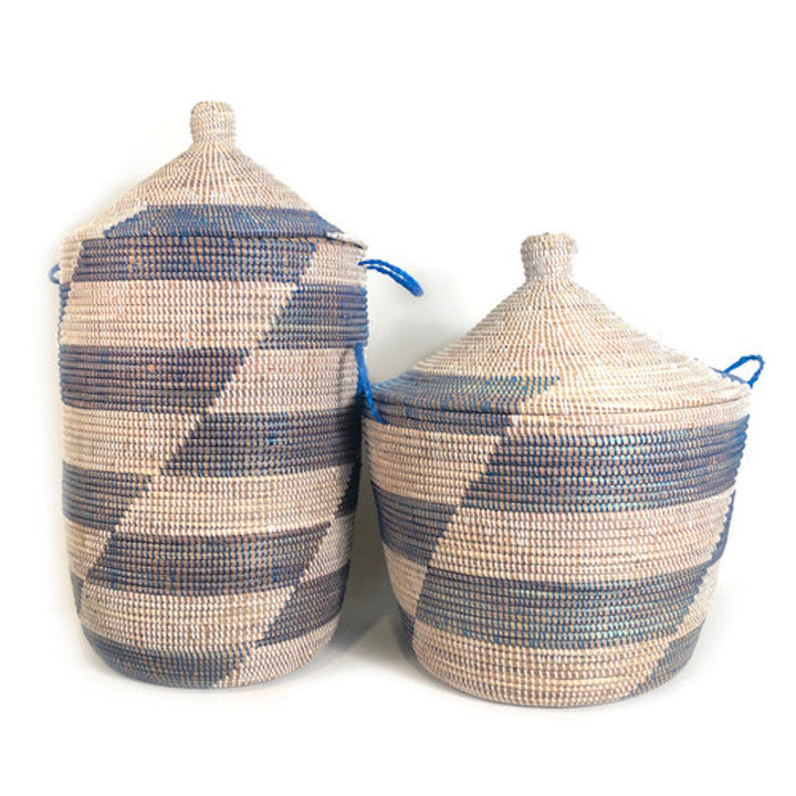 Handwoven Millet Grass Storage Basket, Blue Stripe, 28"