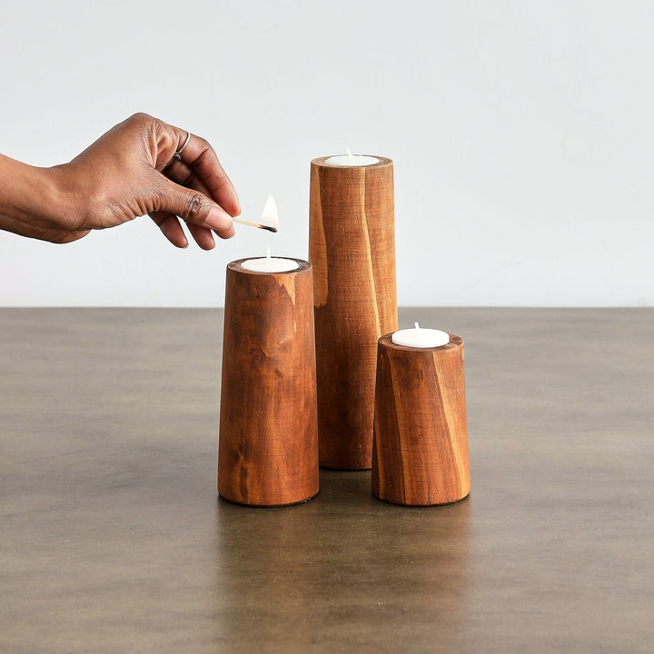 Handcrafted Pine Wood Cylinder Tealight Holder