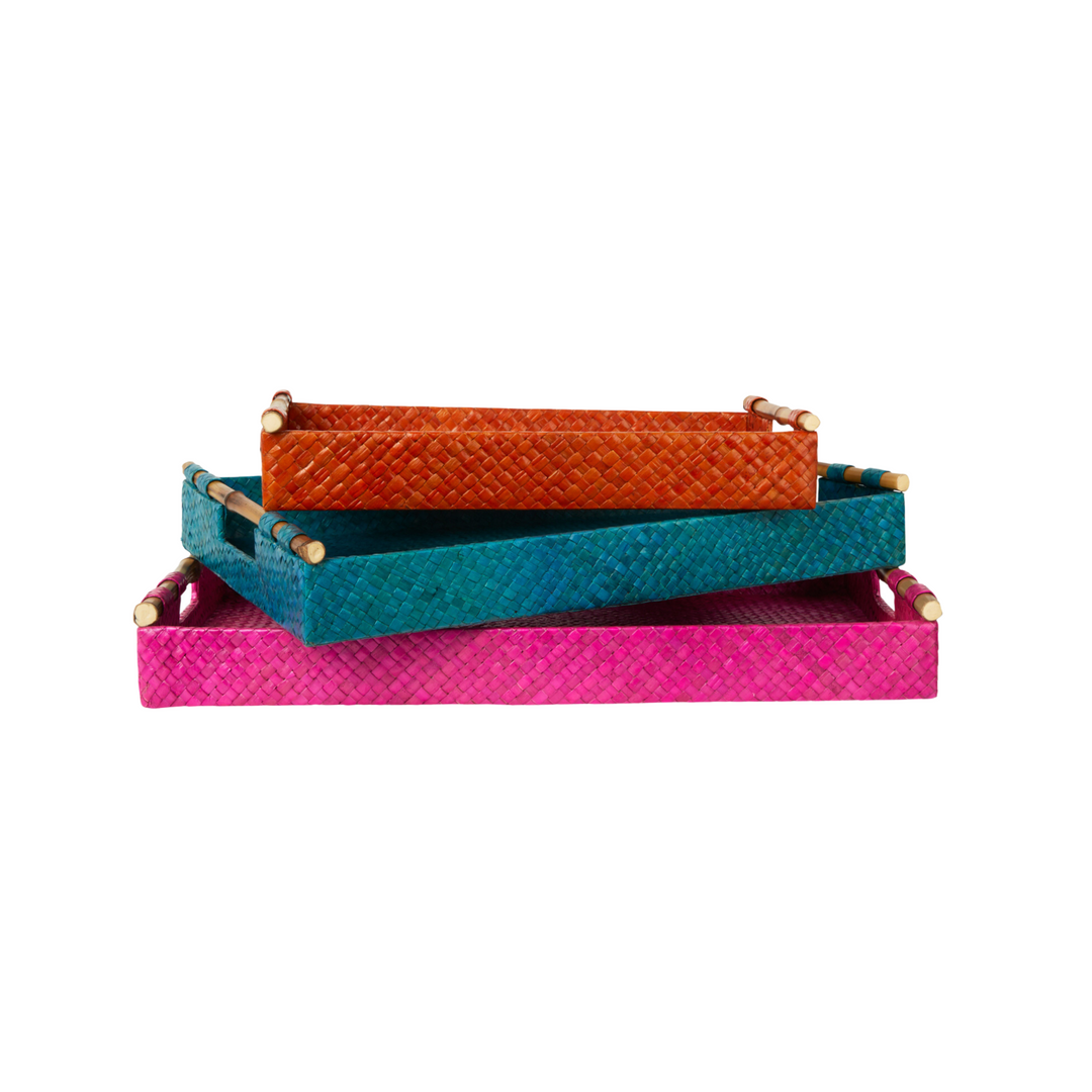 Handcrafted Pandanus &amp; Bamboo Decorative Tray Set, 3 Ct.
