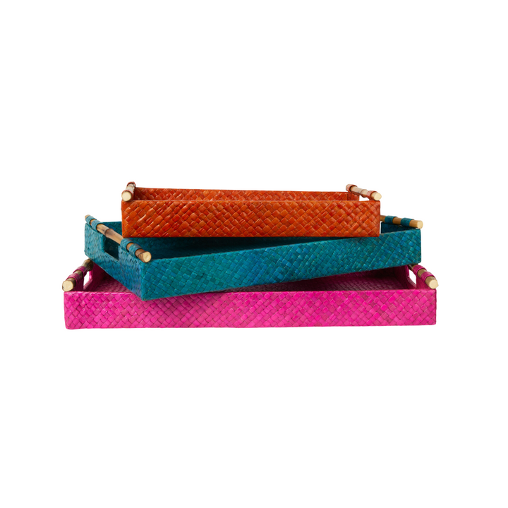 Handcrafted Pandanus &amp; Bamboo Decorative Tray Set, 3 Ct.