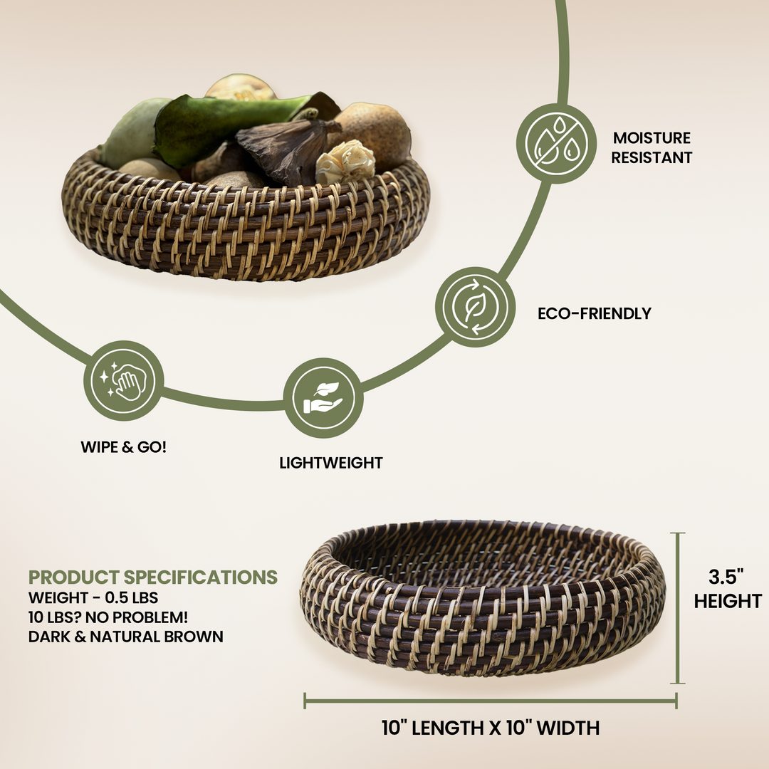 Handcrafted Rattan Fruit Basket &amp; Bowl, 10"
