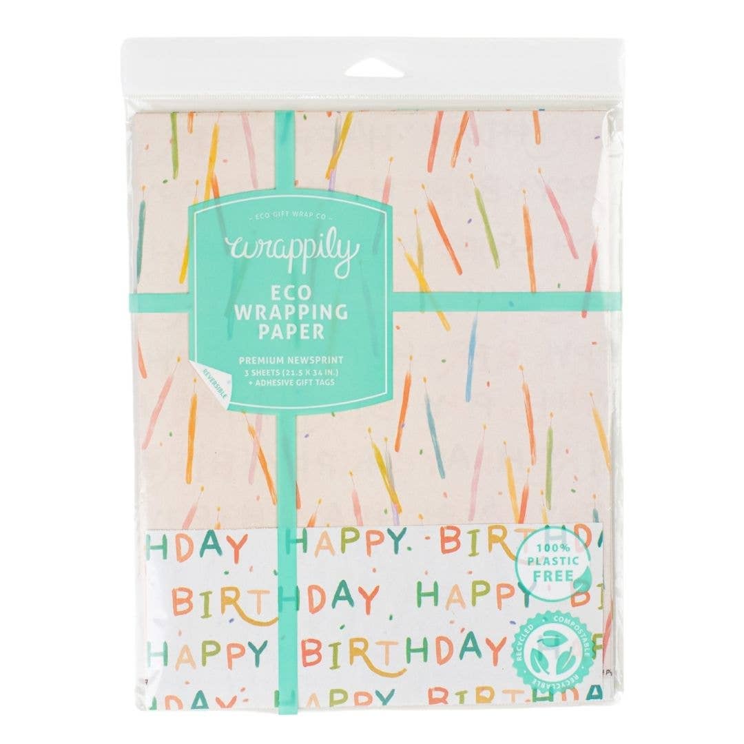 Recycled Newsprint Birthday Wrapping Paper, 3 Ct.