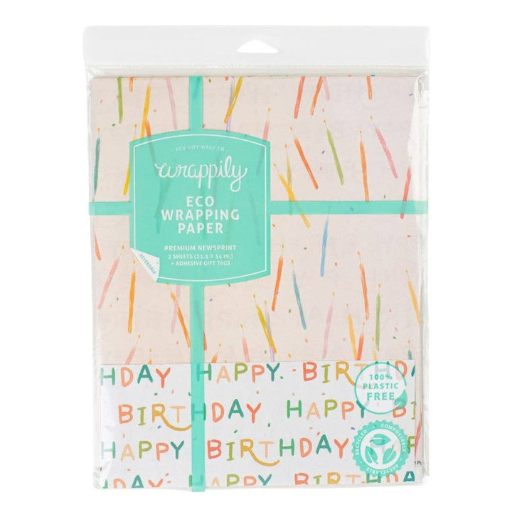 Recycled Newsprint Birthday Wrapping Paper, 3 Ct.