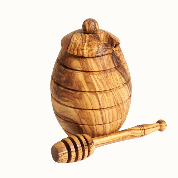 Handcrafted Olive Wood Honey Jar with Dipper, 4.7"