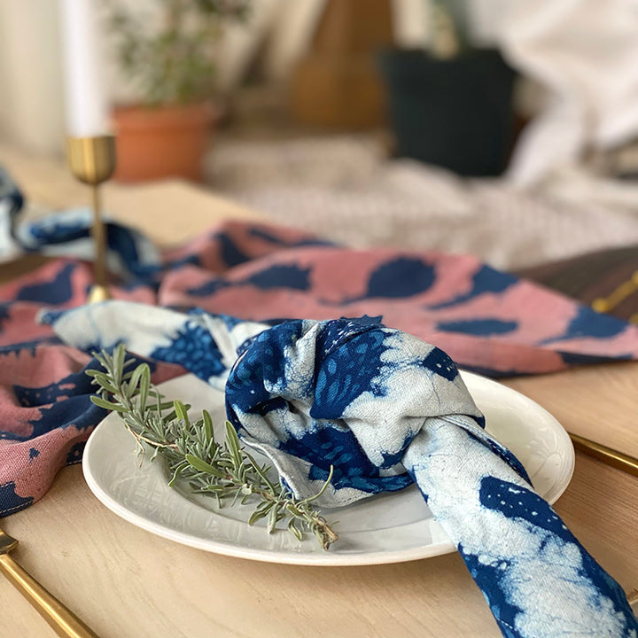 Organic Hand Block Printed Cotton Table Napkins, Indigo, 4 Ct.