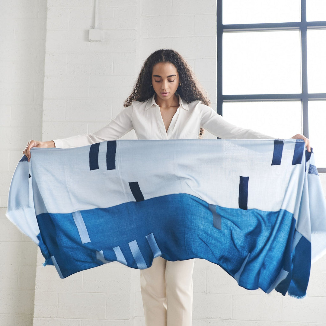 Handcrafted Wool Silk Scarf, Ombre Harbor Blue, 28" x 80"