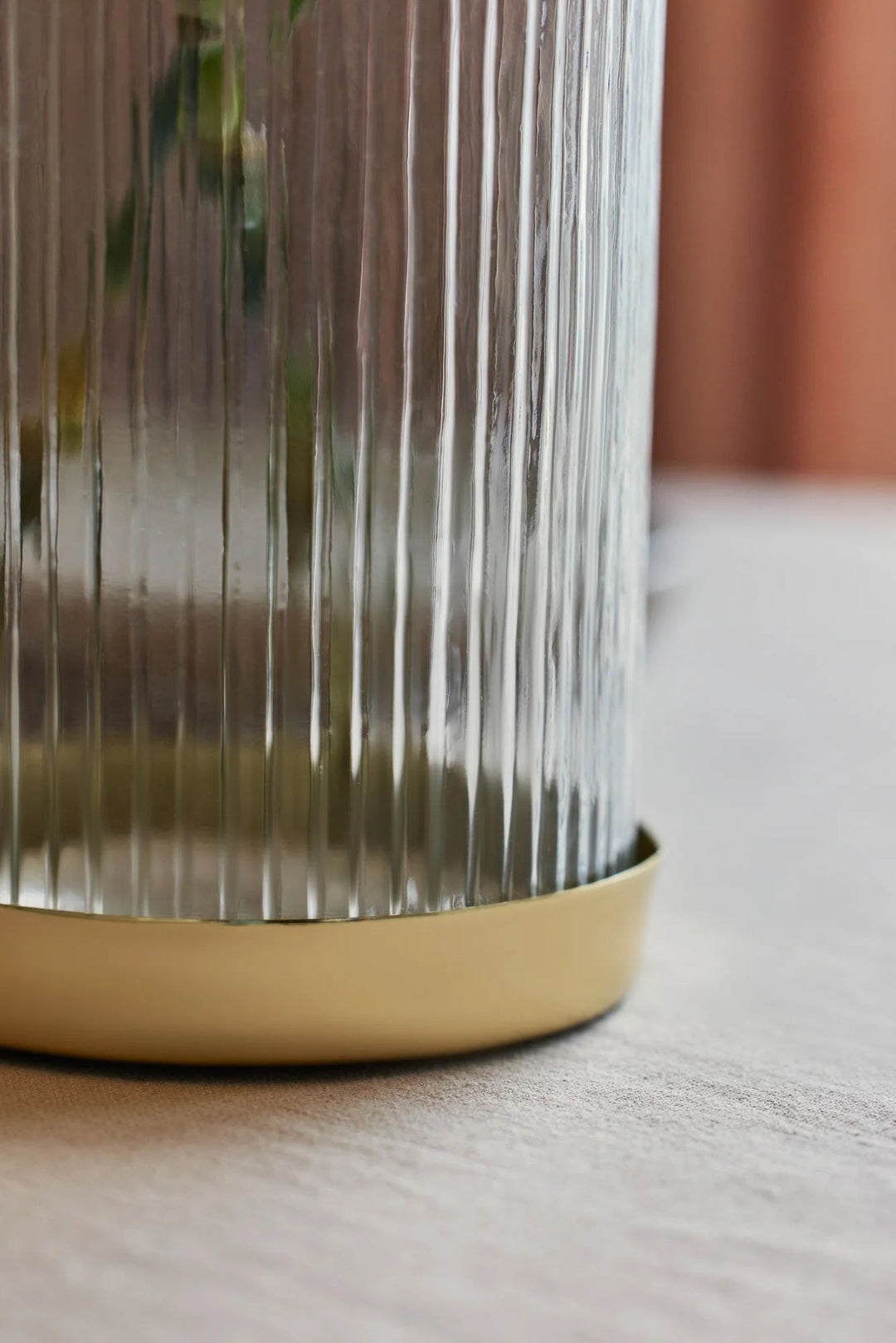 Handcrafted Fluted Glass Vase, Gold Base, Tall