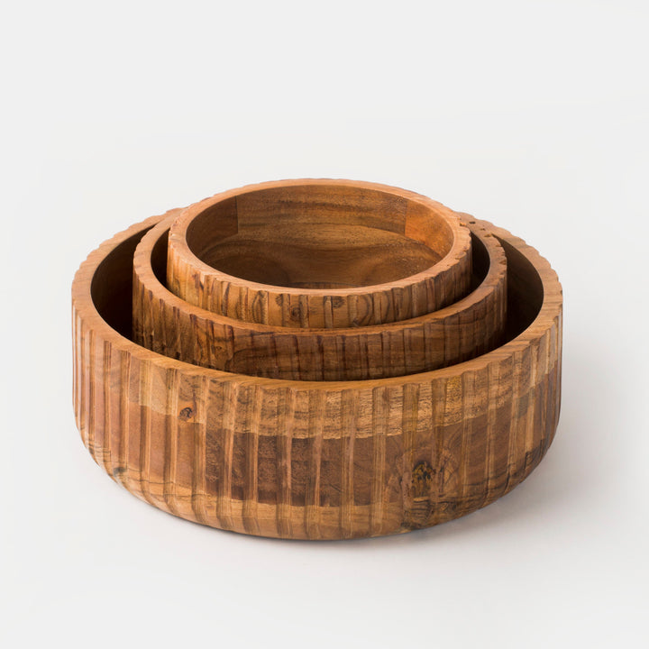 Handcrafted Etched Acacia Wood Stackable Dinnerware Bowls