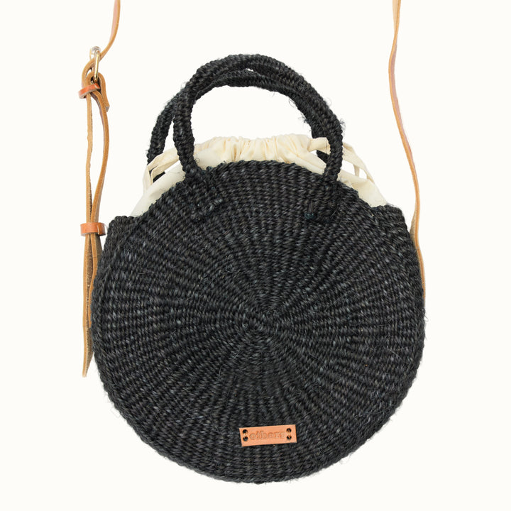 Handcrafted Sisal Round Handbag, Black 9.5"