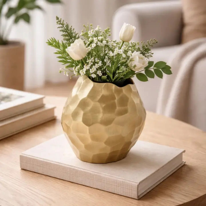 Handcrafted Faceted Gold Aluminum Vase 6.5" x 8"