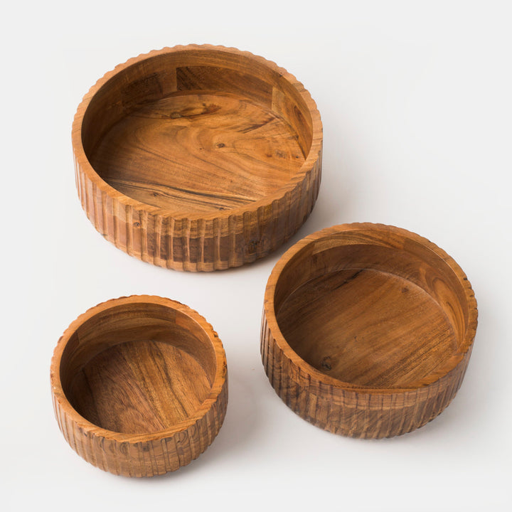 Handcrafted Etched Acacia Wood Stackable Dinnerware Bowls
