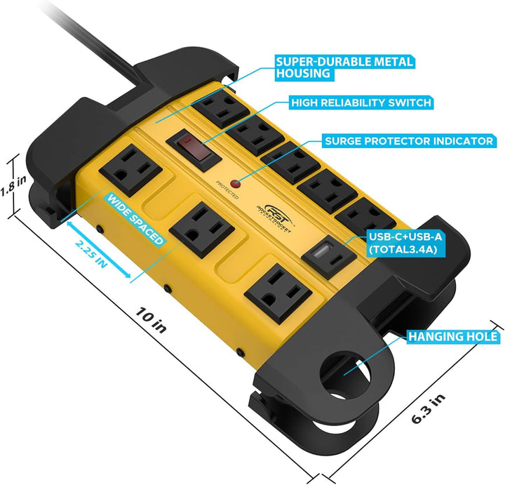 Heavy-Duty Metal Surge Protector Power Strip, 8-Outlet