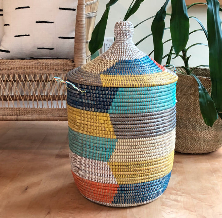Handwoven Cattail Multicolor Storage Basket, 22"