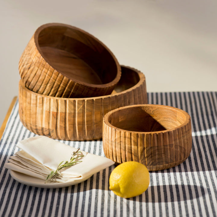 Handcrafted Etched Acacia Wood Stackable Dinnerware Bowls