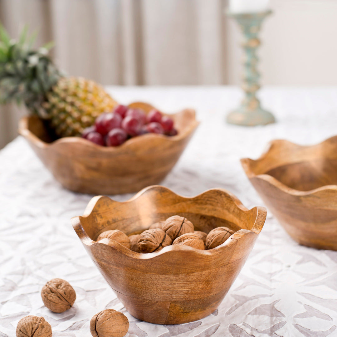 Handcarved Mango Wood Scalloped Serveware Bowls, 3 Ct.
