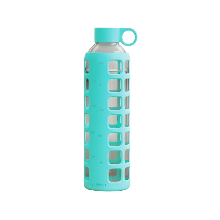 A clear glass water bottle with a turquoise silicone protective sleeve featuring square cutouts, a matching turquoise screw cap, and a loop handle, shown on a plain white background.
