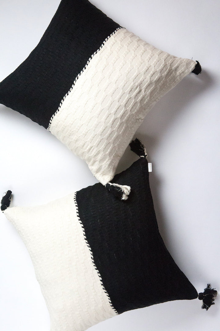 Handwoven Organic Cotton Colorblock Throw Pillow, Black and White