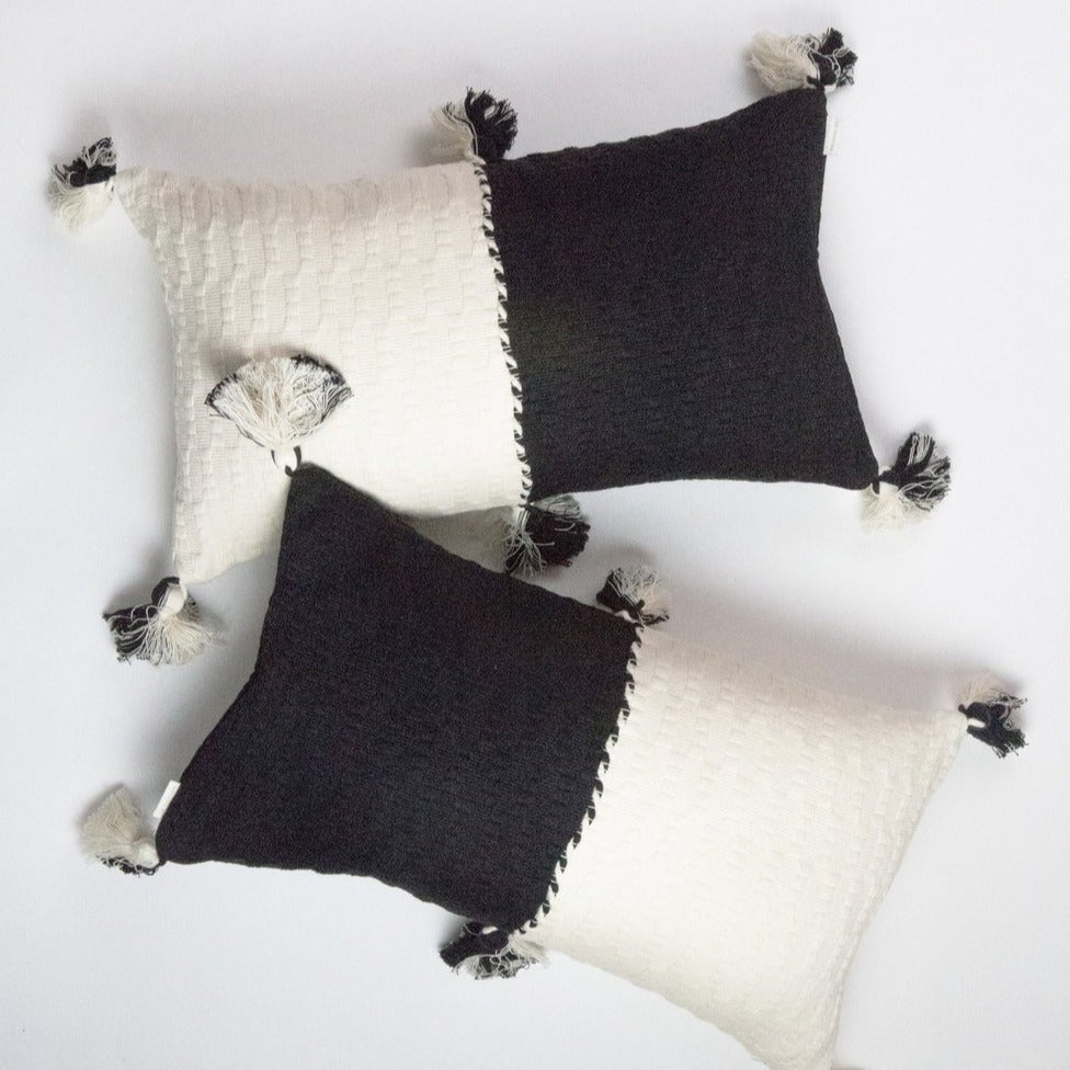 Handwoven Organic Cotton Colorblock Throw Pillow, Black and White