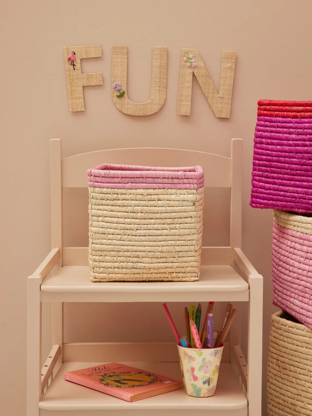 Pink Top Square Raffia Basket
