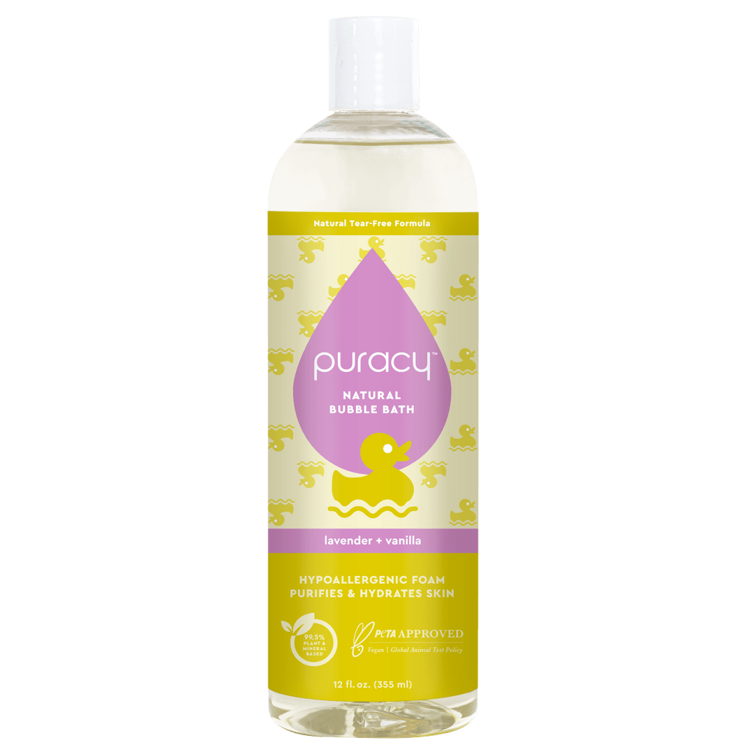 Bottle of Puracy natural bubble bath on a green background