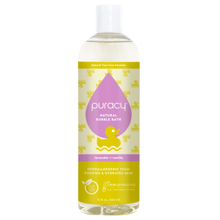 Bottle of Puracy natural bubble bath on a green background