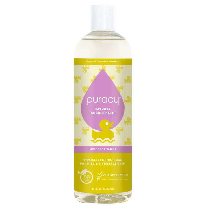 Bottle of Puracy natural bubble bath on a green background