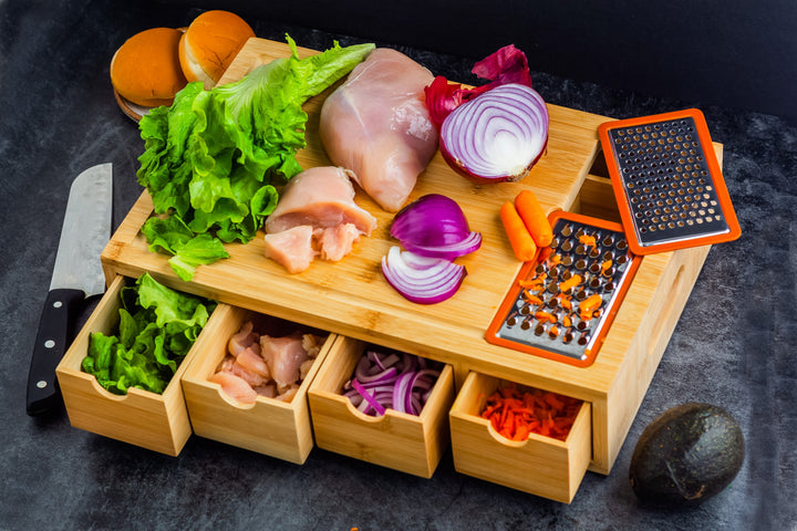 Bamboo Cutting Board with 4 Trays &amp; 2 Graters