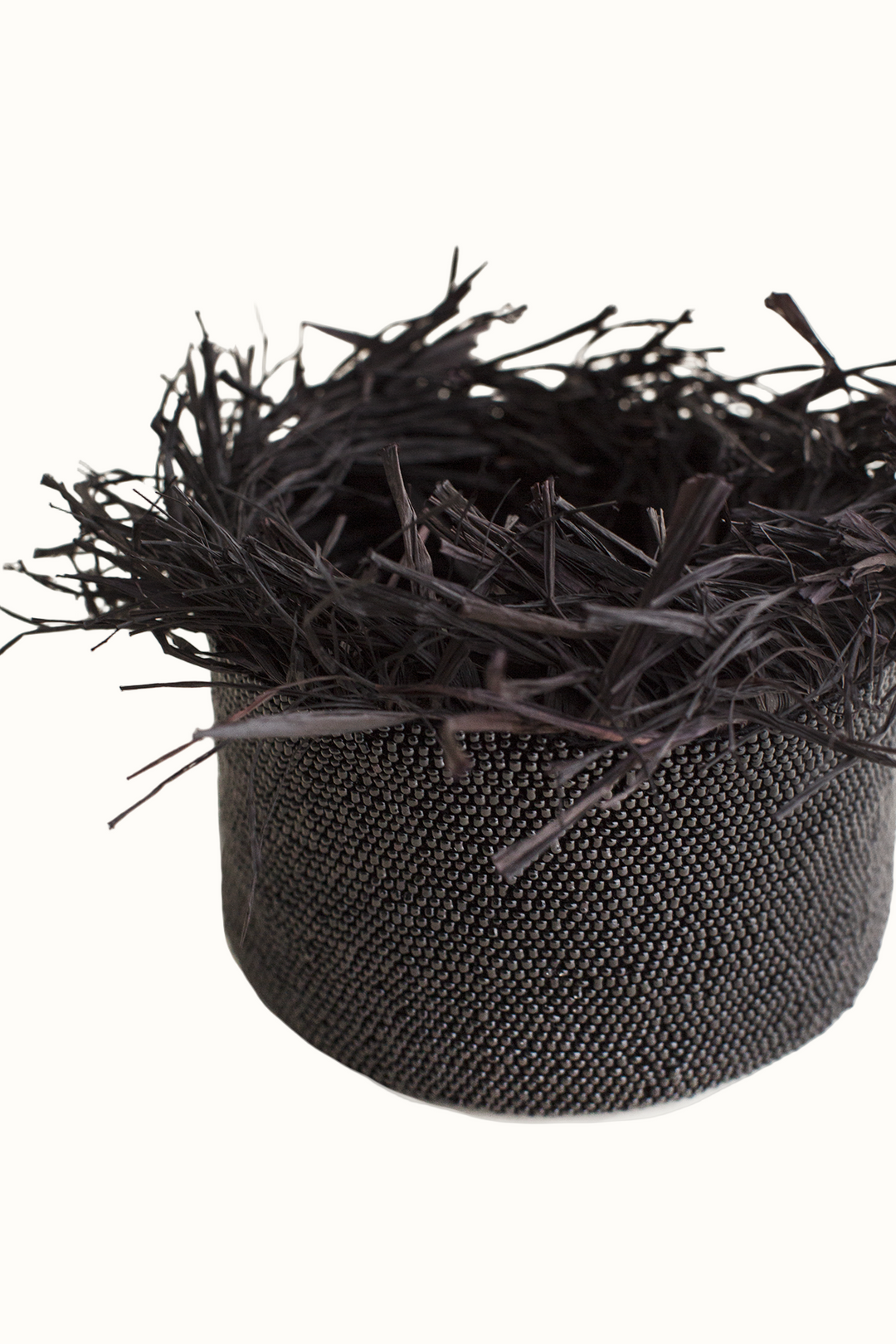 Handcrafted Beaded Raffia Fringe Basket, Black, 5.5" x 3"