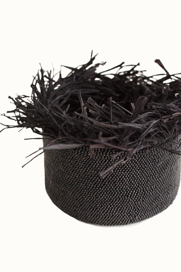 Handcrafted Beaded Raffia Fringe Basket, Black, 5.5" x 3"
