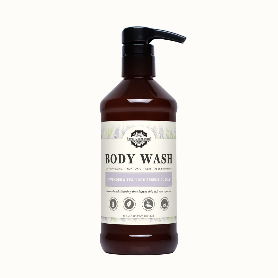 Brown bottle of body wash with a label on a white tiled background