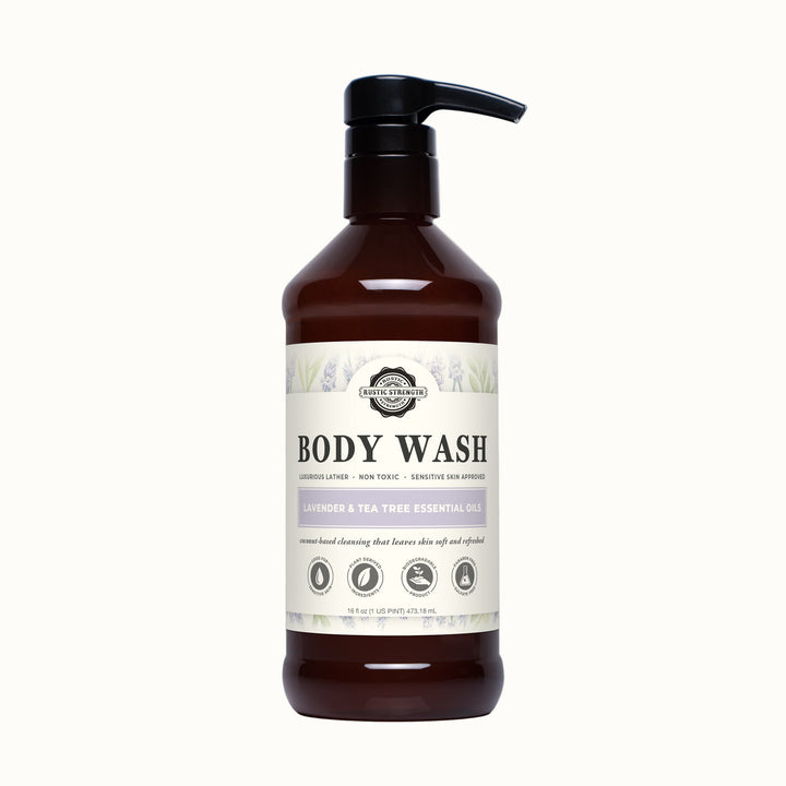 Brown bottle of body wash with a label on a white tiled background
