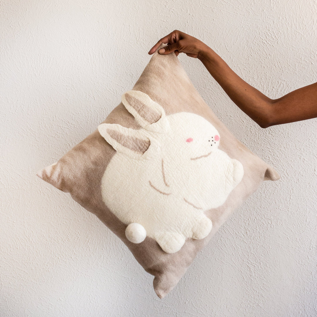 Handcrafted Wool Felt Bunny Throw Pillow, Blush