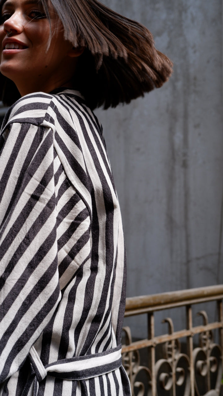 Cotton-Linen Zebra Stripe Robe