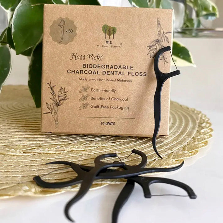 Biodegradable Charcoal PLA Floss Picks, Peppermint