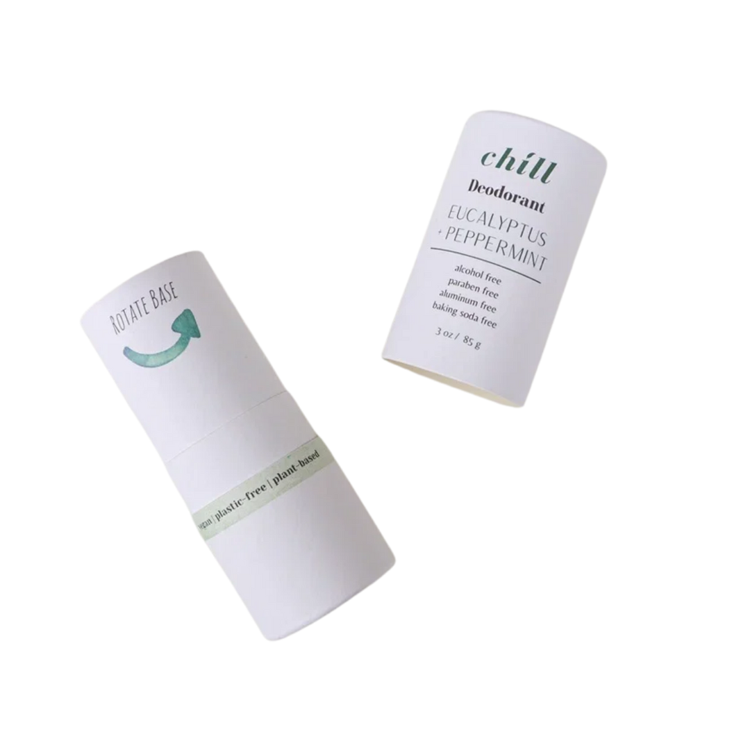 Two white all natural deodorant sticks on a clean white background, one upright and one tilted. Eucalyptus Peppermint by Chill