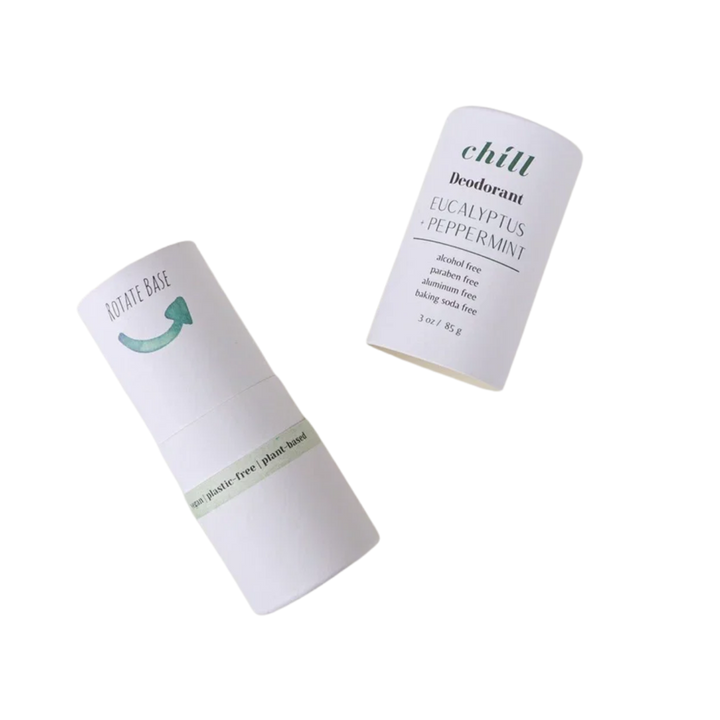 Two white all natural deodorant sticks on a clean white background, one upright and one tilted. Eucalyptus Peppermint by Chill
