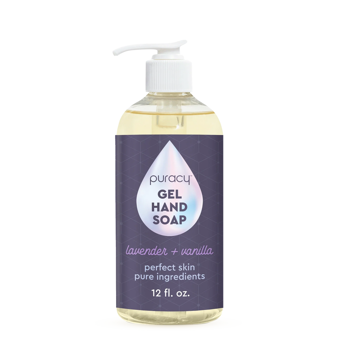 Puracy gel hand soap bottle with lavender and vanilla scent on a white background