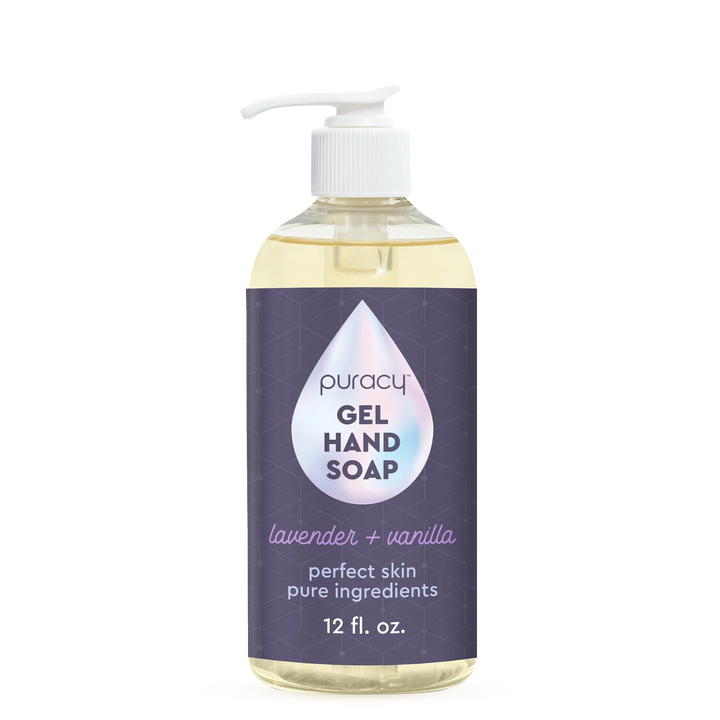 Puracy gel hand soap bottle with lavender and vanilla scent on a white background