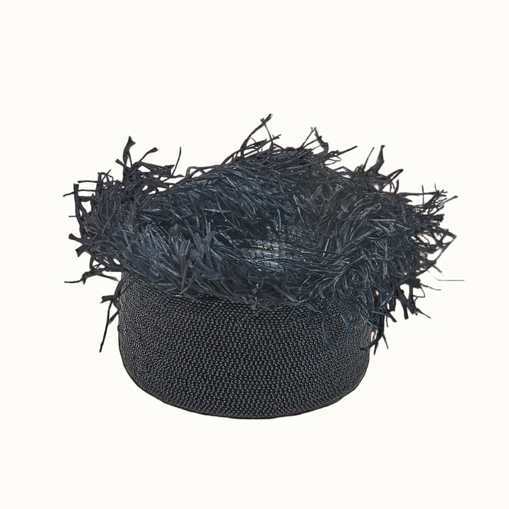 Handcrafted Beaded Raffia Fringe Basket, Black, 5.5" x 3"