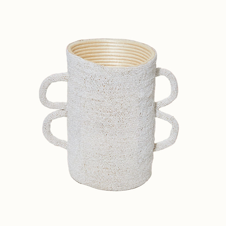 Handcrafted Beaded Sisal Vessel, White, 6" x 10"