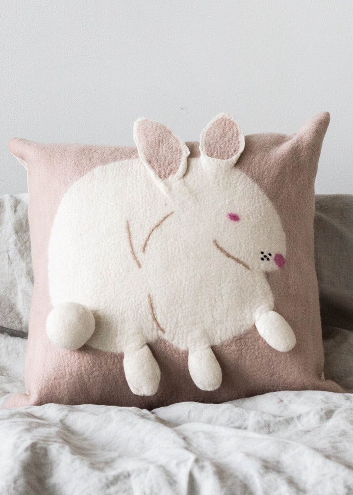 Handcrafted Wool Felt Bunny Throw Pillow, Blush