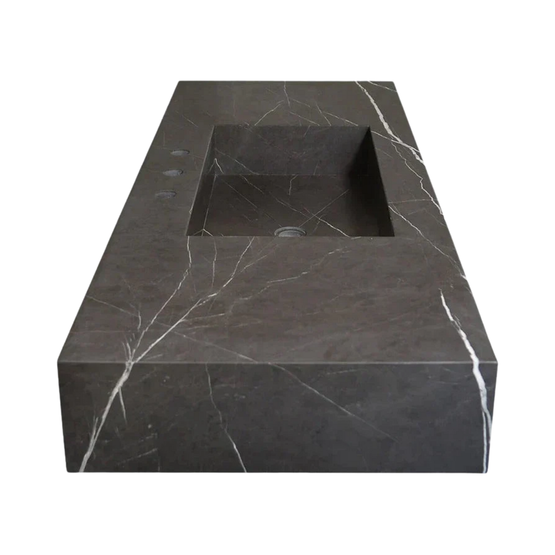 Handcrafted Black Marble Wall-Mount Sink 48" x 20"