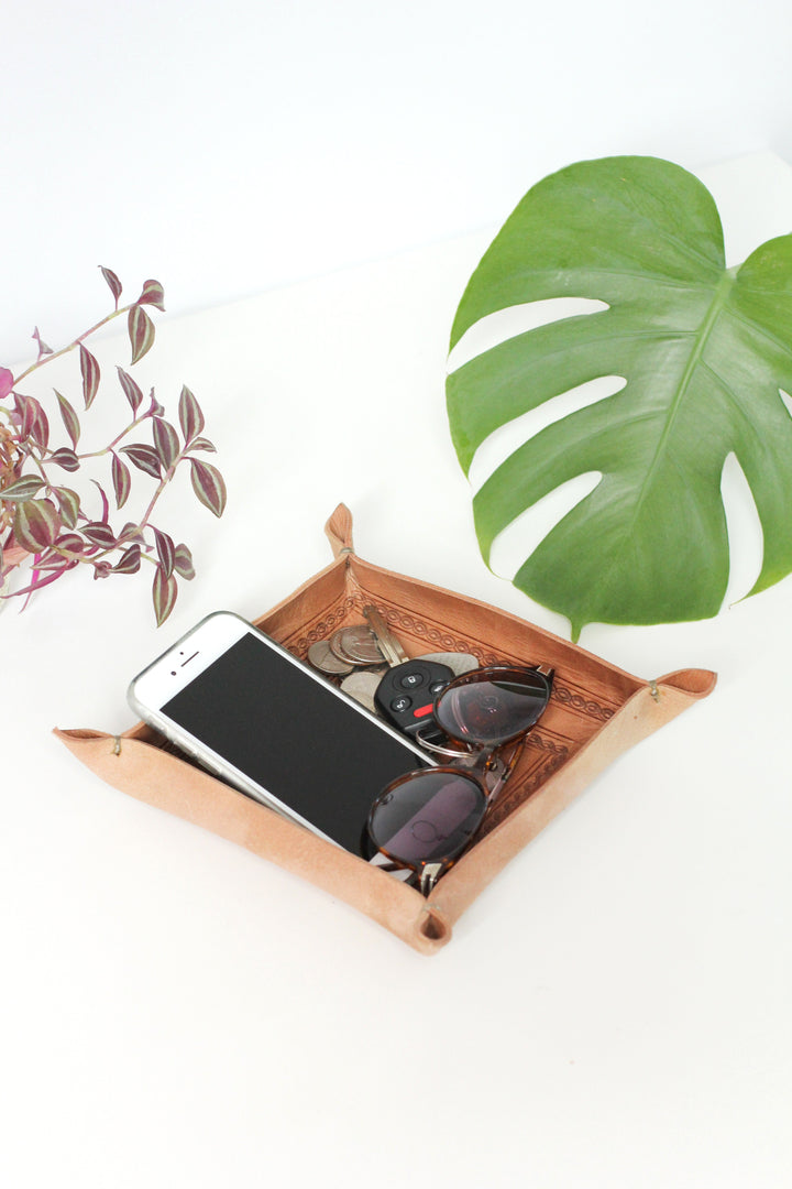 Fair Trade Handcrafted Leather Valet Tray, 6.5" x 6.5"