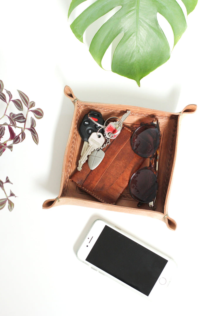Fair Trade Handcrafted Leather Valet Tray, 6.5" x 6.5"